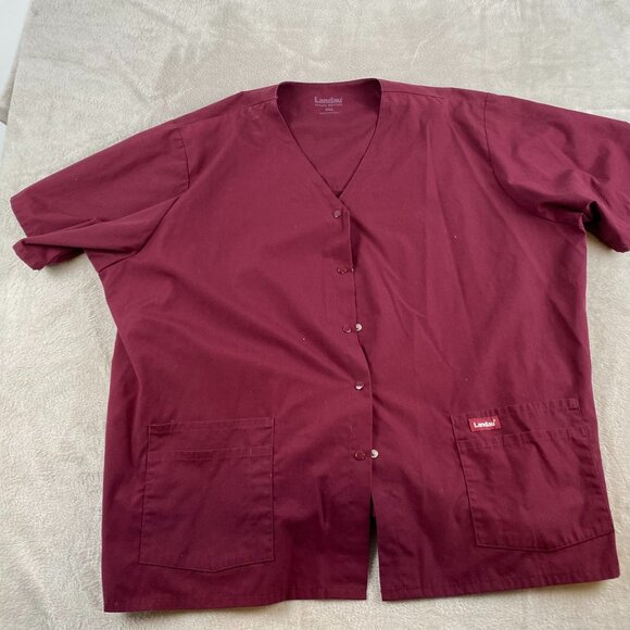 Landau Unisex Scrub Top 4XL Burgundy Button-Front With Pockets - Picture 7 of 7